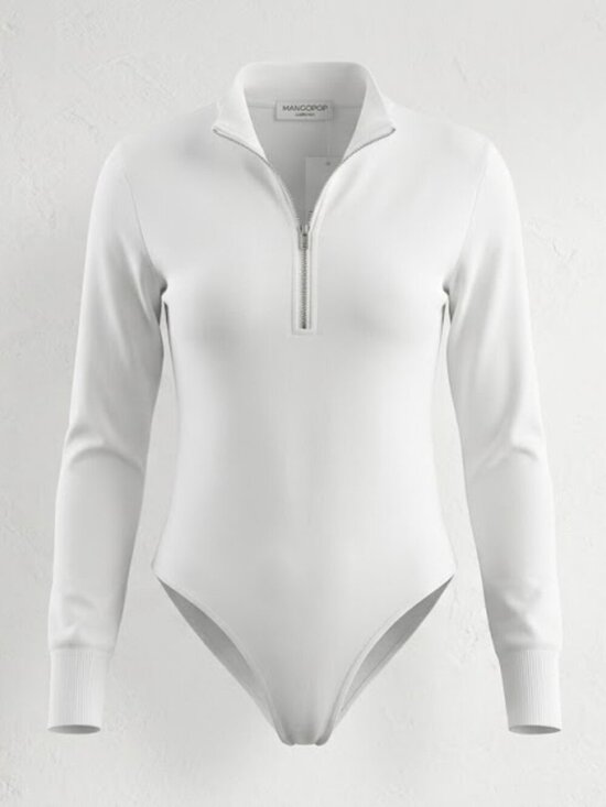 Mangopop Tops - MangoPop White Half-Zip Long Sleeve Bodysuit - Sleek & Minimal